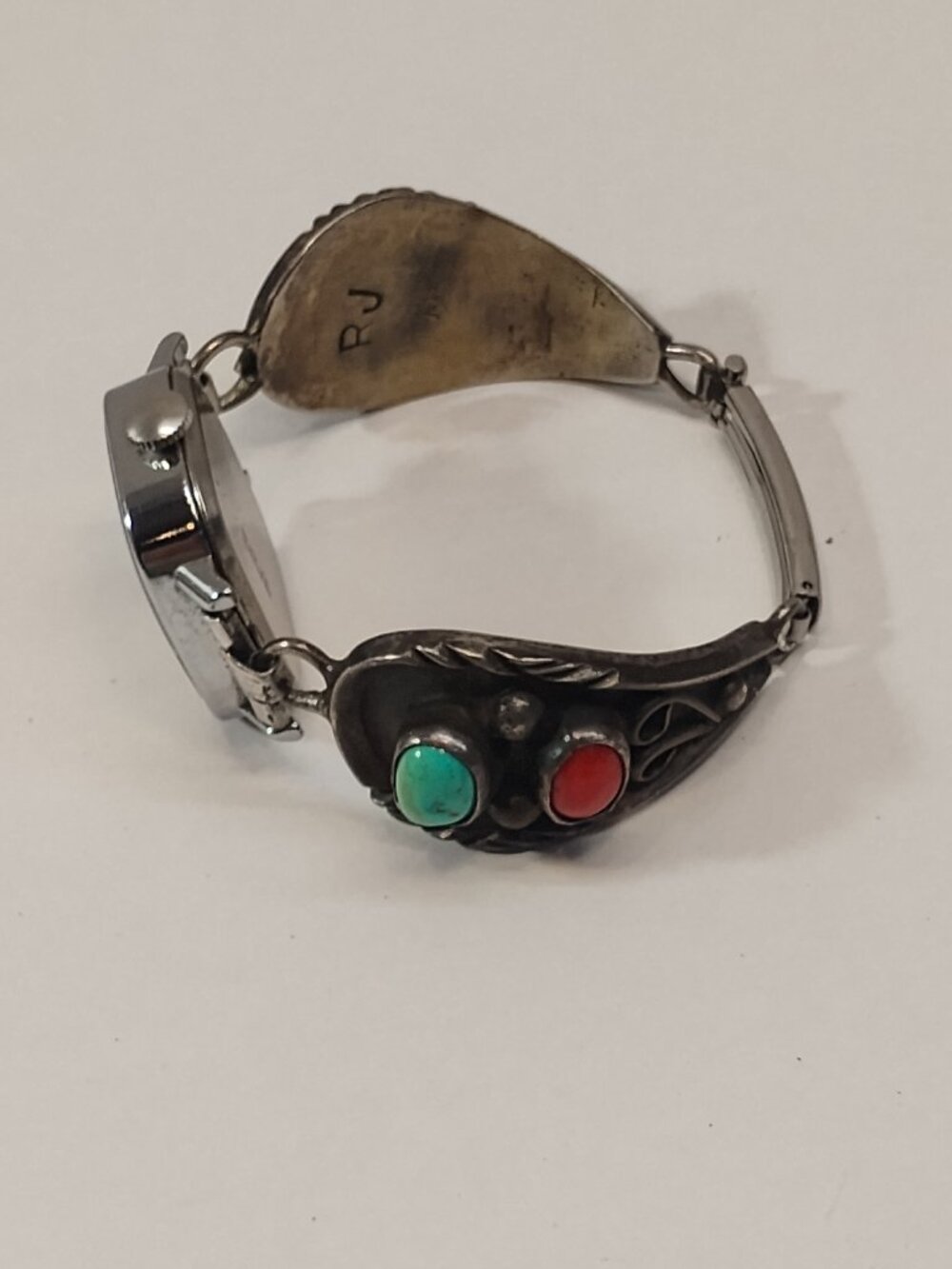 Navajo Sterling Silver Watch Band Tips Coral Turquoise - Watch NOT Working -